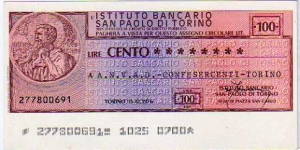 *Emergency Notes __  Local Mini-Check* __
100 Lire __ pk# NL __ Istituto San Paolo di Torino __ 15.12.1976  Banknote