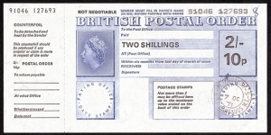 Barbados 1971 2 Shillings / 10 Pence postal order.

Dual-currency issues issued outside Great Britain have become difficult to find. Banknote