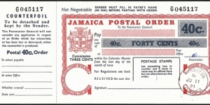 Jamaica 1991 40 Cents postal order. Banknote