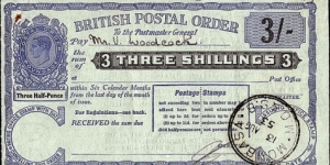 Kenya 1953 3 Shillings postal order.

King George VI Posthumous Issue under Queen Elizabeth II.

Issued at Mombasa. Banknote