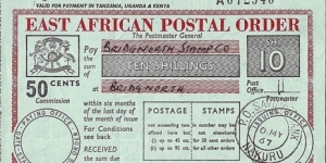 Kenya 1967 10 Shillings postal order.

Issued at the Post Office Savings Bank,Nakuru. Banknote