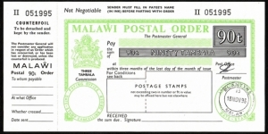 Malawi 1996 90 Tambala postal order. Banknote