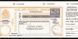 Malawi 1996 20 Kwacha postal order. Banknote