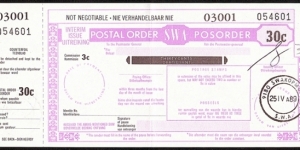 South West Africa 1989 30 Cents postal order.

Issued using a 1979 Interim Issue postal order form. Banknote