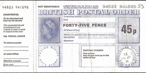 Scotland 1973 45 Pence postal order.

Issued at Alford Place,Aberdeen (Aberdeenshire). Banknote
