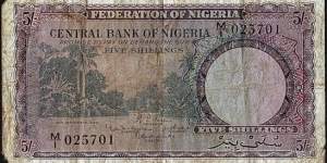 Nigeria 1958 5 Shillings. Banknote