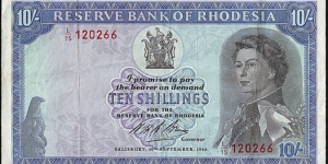 Rhodesia 1968 10 Shillings. Banknote