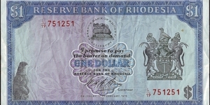 Rhodesia 1970 1 Dollar. Banknote
