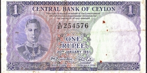 Ceylon 1951 1 Rupee. Banknote