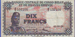  10 Francs Belgian Congo Banknote