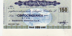 Emergency Notes -  Local Mini-Check - 150 Lire - pk NL - Il Credito Artigiano - 10.10.1977 - Milano Banknote