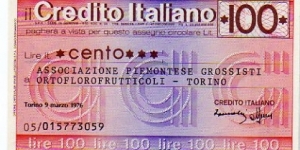 *Emergency Notes __ Local Mini-Check* __ 100 Lire__pk# NL__Il Credito Italiano__09.03.1976__Torino Banknote