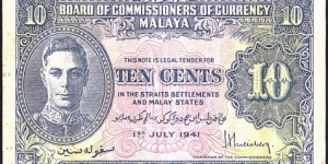 Malaya 1941 10 Cents. Banknote