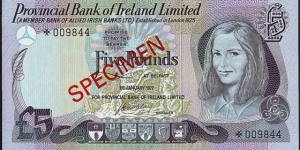 Ulster (Northern Ireland) 1977 5 Pounds.

Specimen note. Banknote