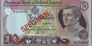 Ulster (Northern Ireland) 1977 10 Pounds.

Specimen note. Banknote