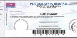 Johore 2009 1 Ringgit postal order. Banknote