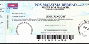 Kedah 2009 5 Ringgit postal order. Banknote