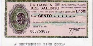 *Emergency Notes __ Local Mini-Check* __ 100 Lire __ pk# NL__La Banca del Salento__06.12.1976__Lecce Banknote