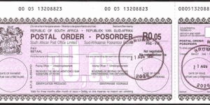 South Africa 1997 5 Cents postal order. Banknote