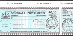 Bophuthatswanan Remainder Issue 1994 20 Cents postal order. Banknote