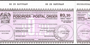 South Africa 1998 20 Cents postal order. Banknote