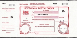 Botswana 1990 10 Thebe postal order. Banknote