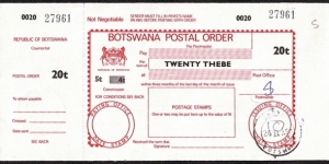 Botswana 1992 20 Thebe postal order. Banknote