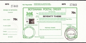 Botswana 1993 70 Thebe postal order. Banknote