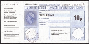 Isle of Man 1973 10 Pence postal order.

Datestamp applied incorrectly on the paying office's box instead of the issuing office's box. Banknote