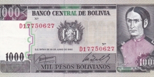 Bolivia P167a (1000 pesos bolivianos 25/6-1982) Banknote