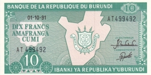 Burundi P33b (10 francs 1/10-1991) Banknote