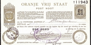 Orange Free State 1899 1 Pond postal note. Banknote