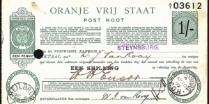 Orange Free State 1899 1 Shilling postal note.

Cashed at Steynsburg,Cape of Good Hope.

This proves that the South African Postal Union Convention was in force,albeit,briefly. Banknote