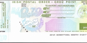 Ireland 1996 70 Pence postal order. Banknote