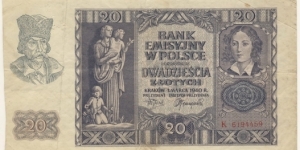 20 Zloty (dated at 7 months after Nazi occupation in March 1940) Banknote