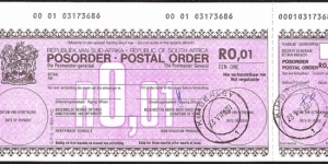 South Africa 1987 1 Cent postal order. Banknote