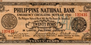 S-382h RARE Philippine National Bank 20 Pesos note used for Free Lanao Provisional Government with overprint's on reverse. Banknote