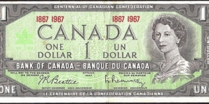 Canada 1967 1 Dollar.

Centenary of Canadian Confederation.

Double dates instead of serial numbers. Banknote