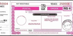 Namibia 1999 4 Dollars postal order. Banknote