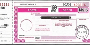 Namibia 1999 5 Dollars postal order. Banknote