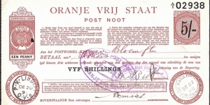 Orange Free State 1898 5 Shillings postal note. Banknote