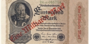 1000 Mark overprinted with 1.000.000.000 Mark value(Weimar Republic 1923) Banknote