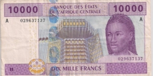 10,000 Francs , Central African CFA franc serial A Gabon  Banknote