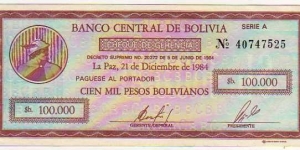 10 Centavos de Bolivano__pk# 197__Ovpt on 100'000 Pesos Bolivanos Banknote