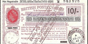 England 1962 10 Shillings postal order.

Extremely rare cashed Royal Air Force Post Office issue. Banknote