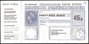 England 1975 45 Pence postal order. Banknote