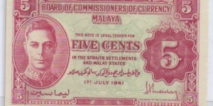 MALAYSIA / MALAYA :5CENTS PREFIX 3 Banknote