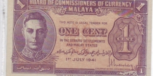MALAYSIA / MALAYA : 
ONE CENT Banknote