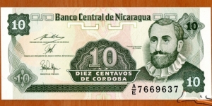 Nicaragua |
10 Centavos, 1991 |

Obverse: Francisco Hernández de Córdoba |
Reverse: National coat of arms and Plumeria flower (in Nicaragua known as Sacuanjoche) Banknote