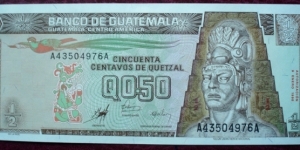 Banco de Guatemala |
½ Quetzal |

Obverse: Tecún Umán (~1500-1524), the last ruler of the K'iche' (Quiché) Maya people in nowadays Guatemala. He was slain by the Spanish Conquistador Don Pedro Alvarado (According to the Kaqchikel annals) |
Reverse: Tikal Temple - one of the largest archaeological sites and urban centres of the pre-Columbian Maya civilization (47m high) Banknote